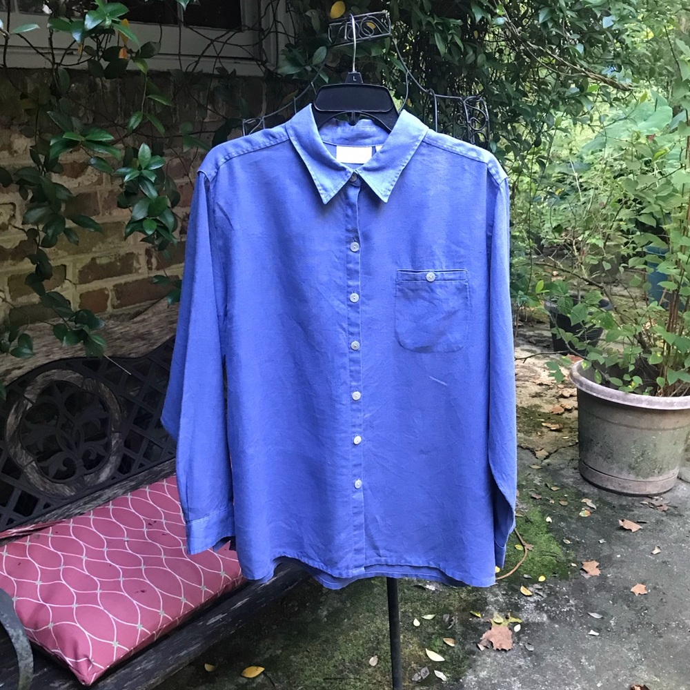 Studio Works- VINTAGE PERIWINKLE LINEN SHIRT BLOUSE TOP- Size Large- EUC